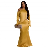 Yellow Off Shoulder Long Sleeve Two Pieces Irregular Tops Fashion Party Gowns Skirt Dress