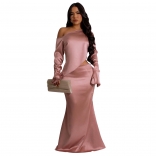 Pink Off Shoulder Long Sleeve Two Pieces Irregular Tops Fashion Party Gowns Skirt Dress