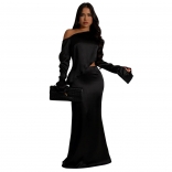 Black Off Shoulder Long Sleeve Two Pieces Irregular Tops Fashion Party Gowns Skirt Dress