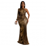 Gold One Long Sleeve Gilding Pleated Luxury Women Prom Party Formal Dress