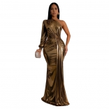 Gold One Long Sleeve Gilding Pleated Luxury Women Prom Party Formal Dress