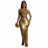 Gold One Sleeve Cut Out Gilding Bodycon Party Slit Evening Maxi Dress