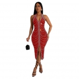 Red Sleeveless Deep V Neck Mesh Rhinestones Bodycon Midi Party Dress