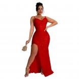 Red Elegant Sleeveless Straps Sequins Bodycon Evening Party Formal Dress