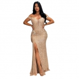 Gold Off Shoulder Low Cut Sequins High Slit Bodycon Wedding Formal Dress