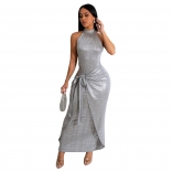 Silver Sleeveless Halter Neck Lace Up Pleated Sexy Maxi Dress