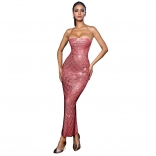 Pink Off Shoulder Diamonds Mesh Sexy Women Midi Dress