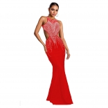 Red Cut Out Rhinestones Bodycon Backless Evening Elegant Prom Formal Long Dress