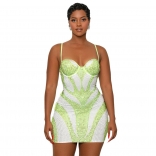 Green Straps Low Cut V Neck Diamonds Bodycon Evening Dance Mini Dress