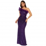 Purple Off Shoulder Feather Sexy Sequined Bodycon Evening Party Maxi Dress