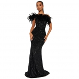 Black Off Shoulder Feather Sexy Sequined Bodycon Evening Party Maxi Dress