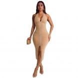 Beige Low Cut V Neck Mesh Diamonds See Throug Evening Midi Dress