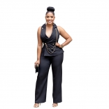 Black Sleeveless Deep V Neck Irregular Tops Pleated Wide Leg Sexy Jumpsuit