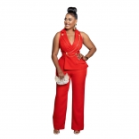 Red Sleeveless Deep V Neck Irregular Tops Pleated Wide Leg Sexy Jumpsuit