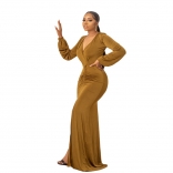 Brown Long Sleeve Deep V Neck Pleated Solid Elegant Party Evening Formal Maxi Dress