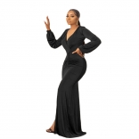 Black Long Sleeve Deep V Neck Pleated Solid Elegant Party Evening Formal Maxi Dress