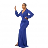 Blue Long Sleeve Deep V Neck Pleated Solid Elegant Party Evening Formal Maxi Dress