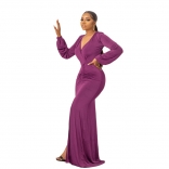 Purple Long Sleeve Deep V Neck Pleated Solid Elegant Party Evening Formal Maxi Dress