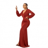 Red Long Sleeve Deep V Neck Pleated Solid Elegant Party Evening Formal Maxi Dress