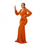 Orange Long Sleeve Deep V Neck Pleated Solid Elegant Party Evening Formal Maxi Dress