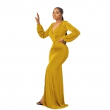 Yellow Long Sleeve Deep V Neck Pleated Solid Elegant Party Evening Formal Maxi Dress