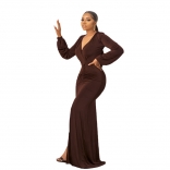 Coffee Long Sleeve Deep V Neck Pleated Solid Elegant Party Evening Formal Maxi Dress