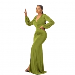 Mint Green Long Sleeve Deep V Neck Pleated Solid Elegant Party Evening Formal Maxi Dress