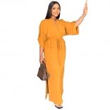 Yellow Half Sleeve V Neck Lace Up Fashion Casual Women Party High Slit Long Dress