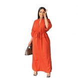 Orange Half Sleeve V Neck Lace Up Fashion Casual Women Party High Slit Long Dress