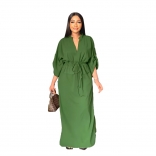 Green Half Sleeve V Neck Lace Up Fashion Casual Women Party High Slit Long Dress