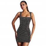 Black Sleeveless Diamonds Boat Neck Luxury Women Party Mini Club Dress