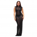 Sleeveless O Neck Mesh Diamonds Elegant Women See Through Bodycon Dress