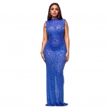 Sleeveless O Neck Mesh Diamonds Elegant Women See Through Bodycon Dress