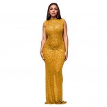 Gold Sleeveless O Neck Mesh Diamonds Elegant Women See Through Bodycon Dress
