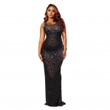 Black Sleeveless Straps Mesh Diamonds Elegant Women See Through Bodycon Dress