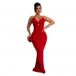 Red Straps Deep V Neck Pleated Back Lace Up Evening Prom Party Formal Long Dress