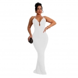 White Straps Deep V Neck Pleated Back Lace Up Evening Prom Party Formal Long Dress