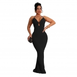 Black Straps Deep V Neck Pleated Back Lace Up Evening Prom Party Formal Long Dress