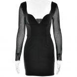 Black Mesh Long Sleeve Low Cut Pleated Women Office Club Mini Dress