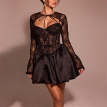 Black Long Sleeve Shawl Off Shoulder Lace Hollow Out Sexy Skirt Dress