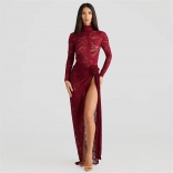 Red Long Sleeve Rompers Lace Hollow Out Bodycon High Slit Sexy Evening Skirt Maxi Dress