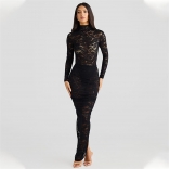 Black Long Sleeve Rompers Lace Hollow Out Bodycon High Slit Sexy Evening Skirt Maxi Dress