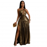 Gold Sleeveless Gilding Cut Out Snatched Evening Pleated Maxi Dress