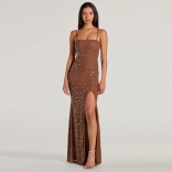 Coffee Straps Diamonds Luxury Mesh See Through High Slit Evening Long Dress