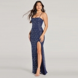 Blue Straps Diamonds Luxury Mesh See Through High Slit Evening Long Dress