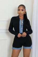 Black Long Sleeve Denim Buttons Club Sexy Rompers