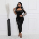 Black One Sleeve Diamonds Bow Knot Velvet Bodycon Evening Midi Dress