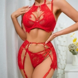 Red Lace Sexy Erotic 3PCS Women Evening Bra & Brief Lingerie Sets