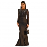 Black Long Sleeve Mesh Diamonds Sexy Women Elegant Bodycon Evening Formal Dress