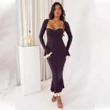 Purple Long Sleeve Shawl Strapless Women Sexy Luxury Party Prom Skirt Dress Sets